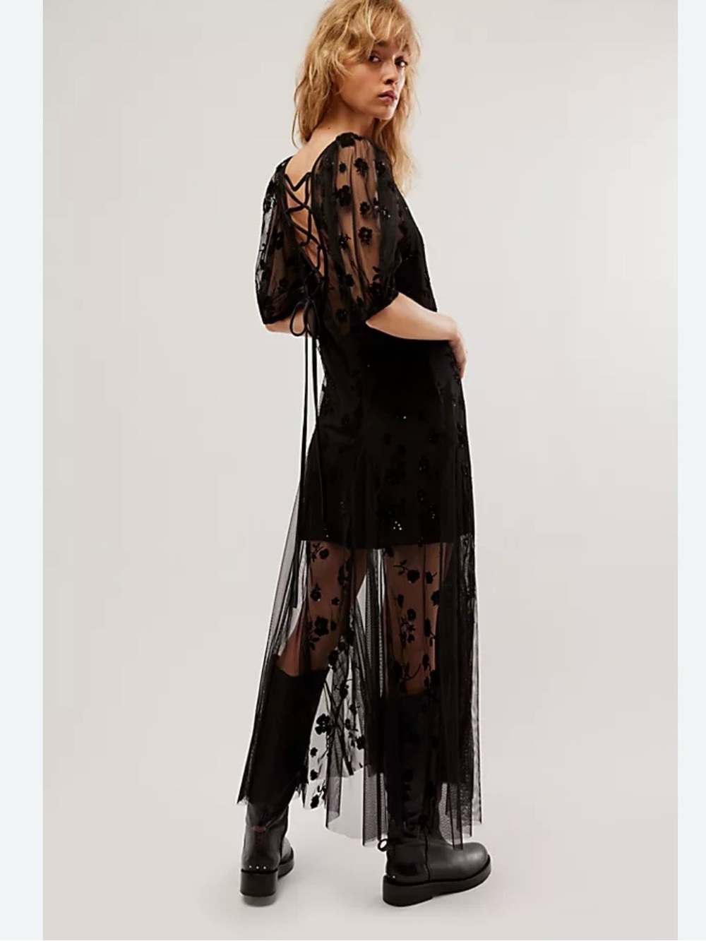Free People SOLD OUT Viola Black Sheer Floral Lace Midi/Maxi Slip Dress